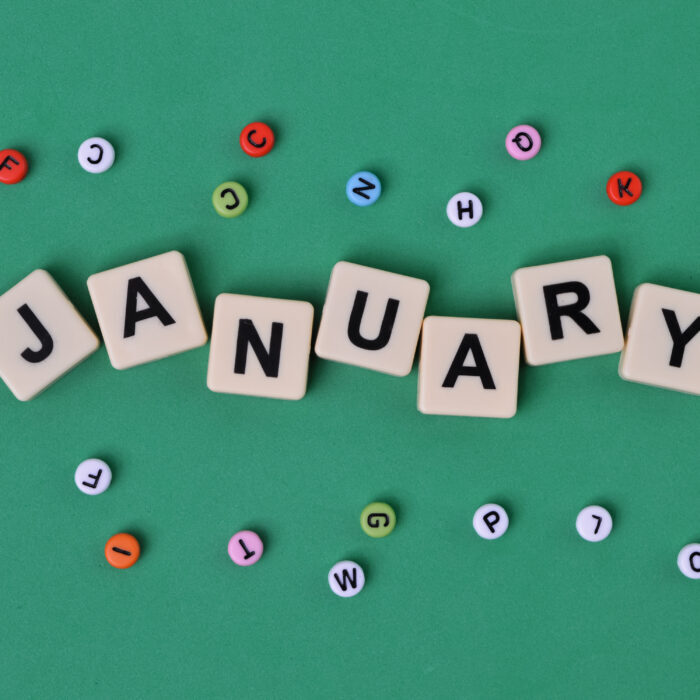 Colorful alphabet beads and square letters with text JANUARY.